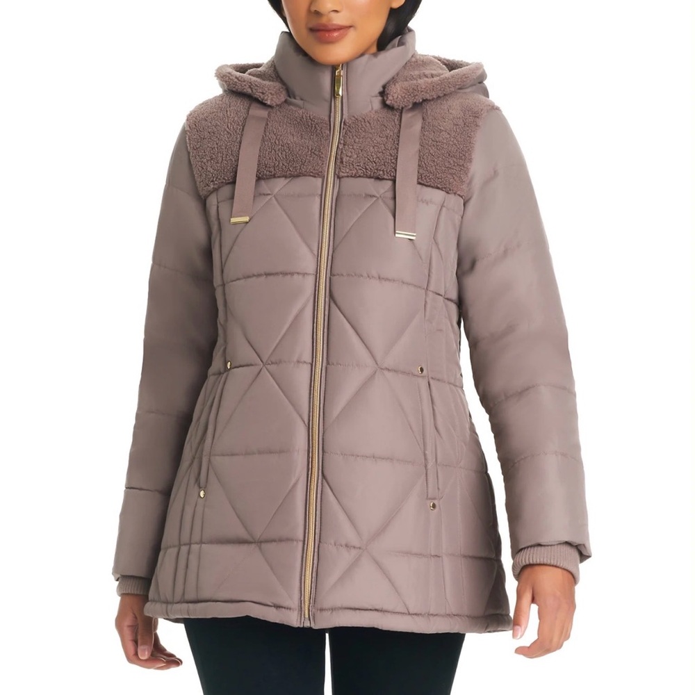 ASHLEY STEWART Tan Hooded Puffer Jacket Size 2X Poly-Fill Coat NEW $160 msrp
